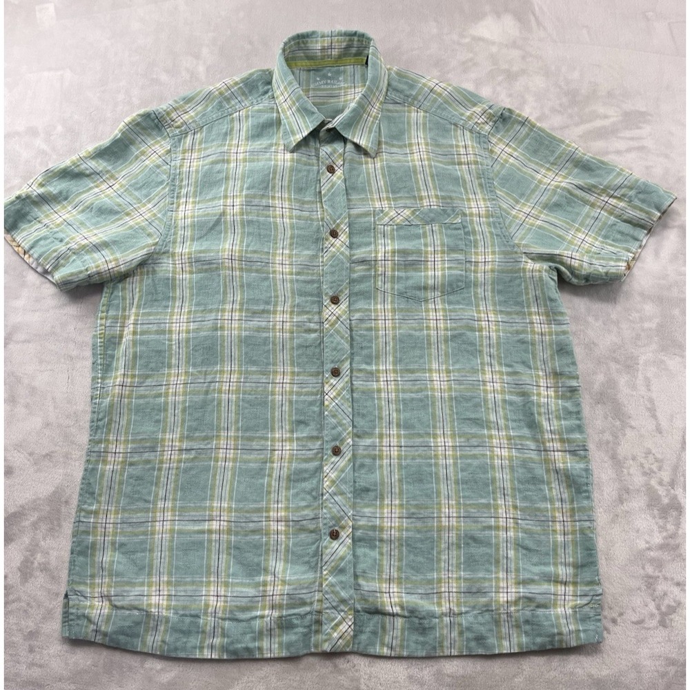 Tommy Bahama Jean Shirt Men XL Green Plaid 100% Linen Wooded Button Back Pleated